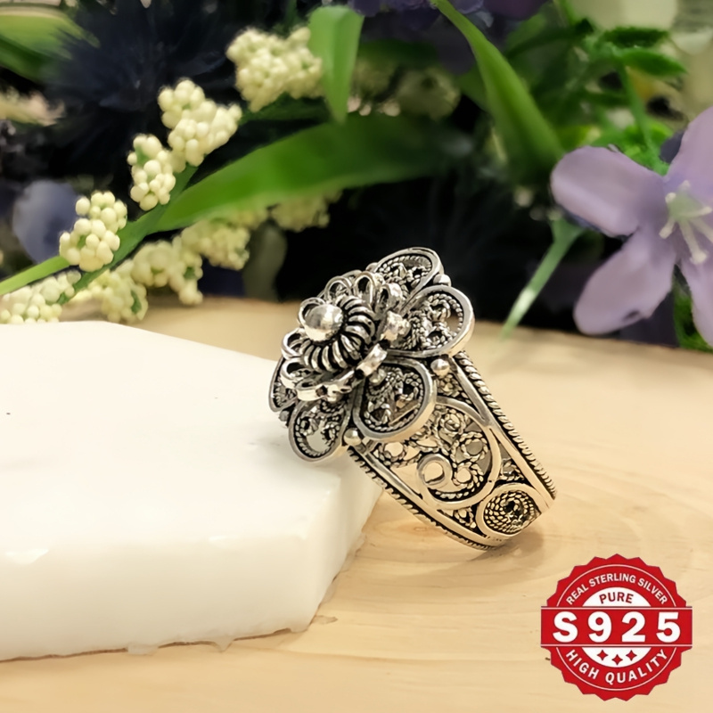 vintage boho style 925 sterling silvery daisy flower ring for ladies fashion delicate accessory for   party idea gift details 3