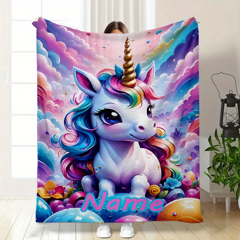 

Customizable Unicorn Blanket - Polyester Throw With Vibrant Rainbow Design, Couch, Bed, Travel, Camping - Personalized Name Option, Machine Washable, , Personalized Blanket