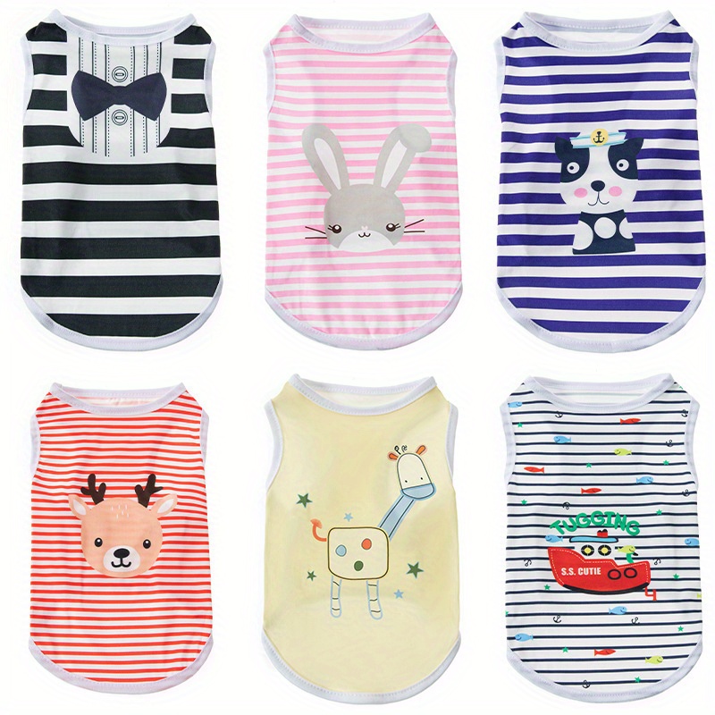 

6pcs Cute Cartoon Print Pet Clothes - Breathable Striped Vest T-shirt For Small And Medium Dogs And Cats