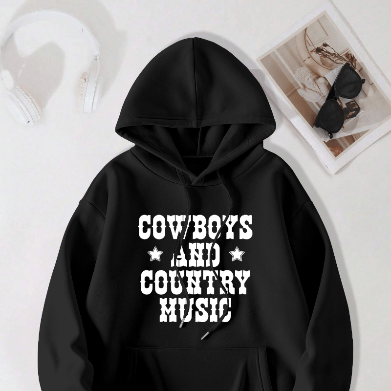 

Casual Polyester Hoodie For Women With Pockets - Knit Fabric, Hooded, Slight Stretch, Fall/winter Season, Printed With 'cowboys And Country Music' Design