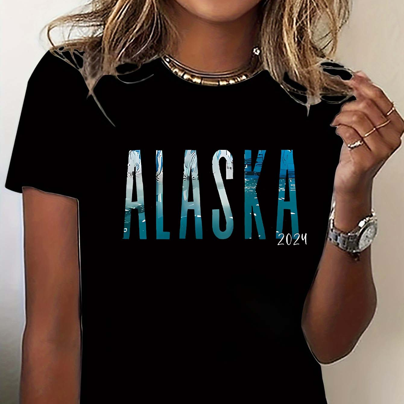 

Alaska 2024 Graphic Crew Neck T-shirt - Women's Elegant Polyester Knit Tee With Spandex, Casual Street Style Short Sleeve Top, Solid Color With Medium Stretch For All Seasons