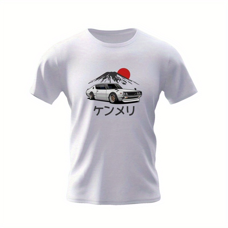 

Japanese Roadster Car & Mount Fuji Print Men's T-shirt - Casual Crew Neck Polyester Tee With Slight Stretch, Geometric Pattern, Summer Knit Fabric Top, Regular Fit