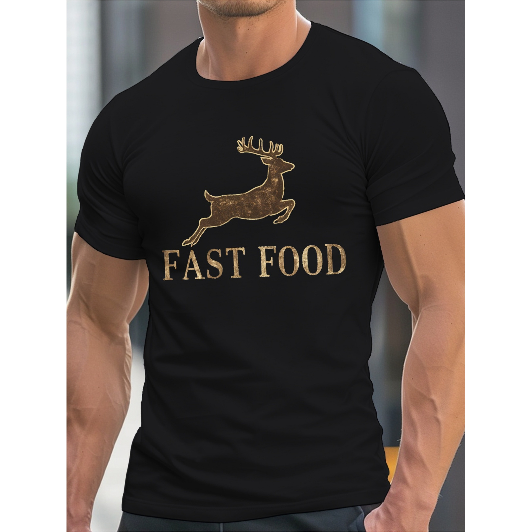 

Fast Food Jumping Deer Pattern Printing Men's Round Neck T-shirt, Casual Street Style All-match Short Sleeve Top