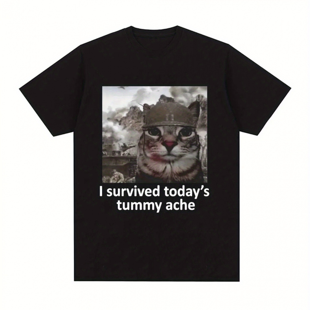 

I Survived Today's Tummy Ache T-shirt Funny Cat Meme Short Sleeve T Shirt Men Women Cotton Casual Oversized T Shirts Streetwear