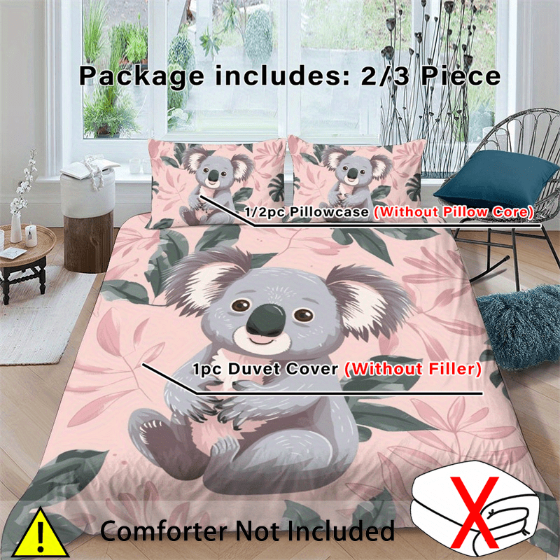 

Koala Digital Print Duvet Cover Set, Polyester 100%, Zipper Closure, No Duvet Insert - Woven Fabric With 90g Square Weight, Machine Washable, All-season Comfort - 2/3 Piece Set