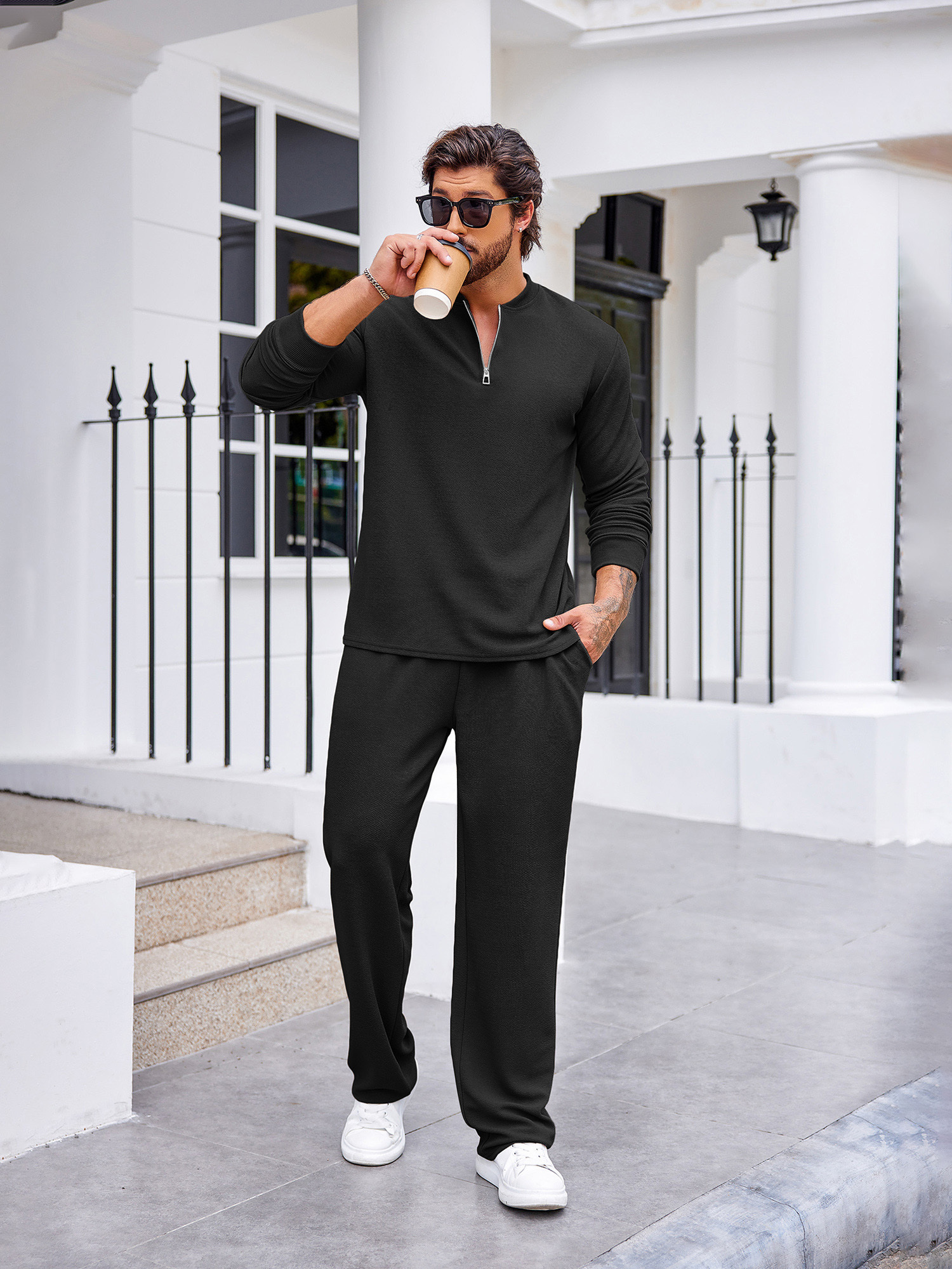 mens piece knitted tracksuit set quarter zip athletic Temu