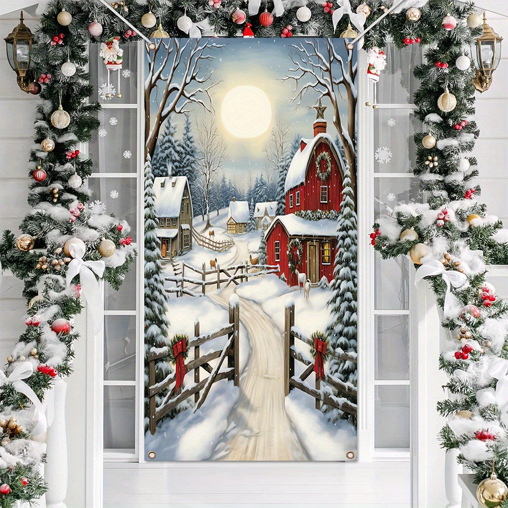 

1pc, Merry Christmas Door Decoration, Polyester, Winter Snow Scene Village Pattern Photography Backdrop, New Year Christmas Party Supplies For Front Door Outdoor Indoor Photo Booth Decoration