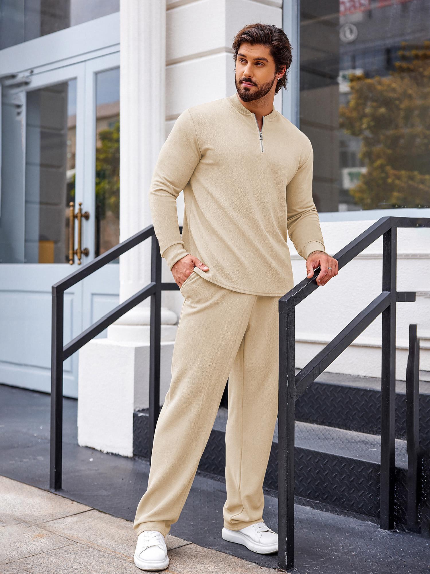 Ensemble de survêtement pièces en pour hommes Haut de jogging à  fermeture éclair 1/4 et pantalon souple, vêtements de sport décontractés po