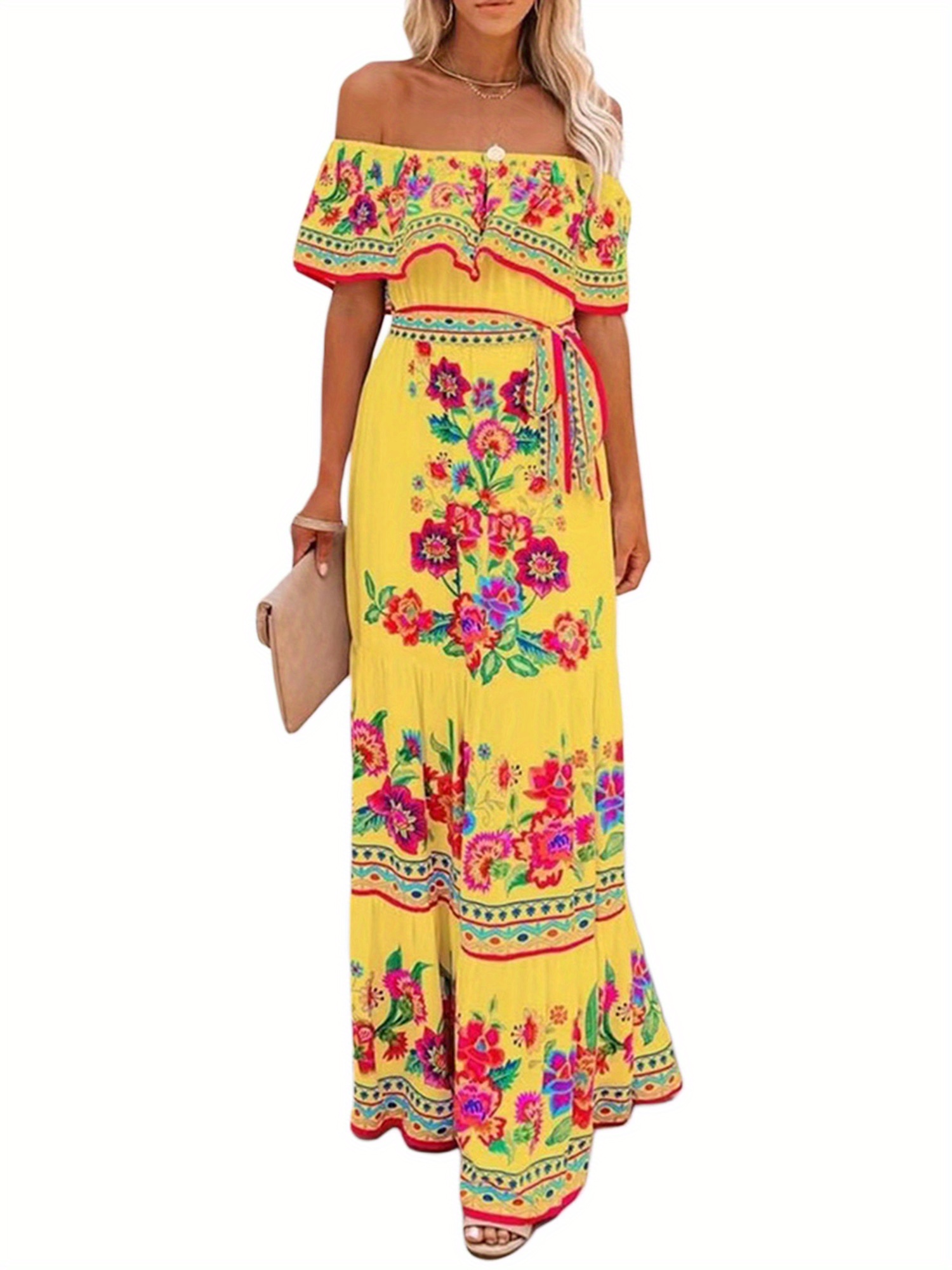women long strapless dress floral print boat neck off shoulder tighten tie  waist beach dresses | Check Out Today's Deals Now | Temu