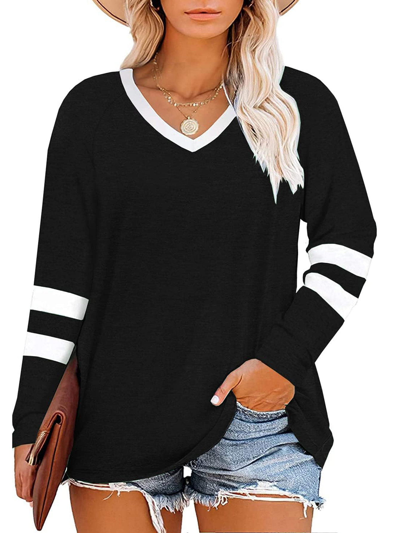 womens plus size striped color block v neck long sleeve tunic top casual loose fit tee shirt for spring summer fall hand wash only falloverdenim styling durable casualwear black 0