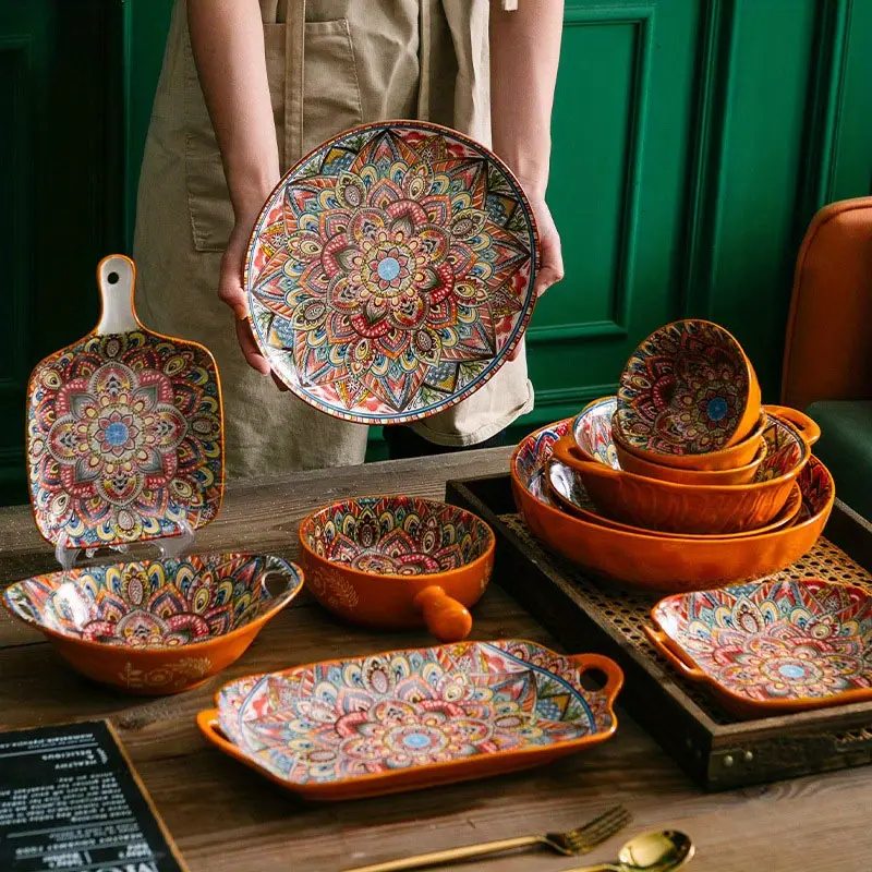 bohemian handcrafted ceramic dinnerware set large plates for steak pasta microwave oven safe dishwasher friendly perfect for family gatherings details 0