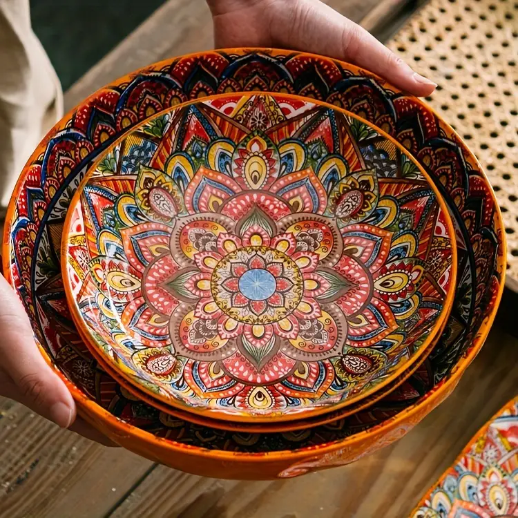 bohemian handcrafted ceramic dinnerware set large plates for steak pasta microwave oven safe dishwasher friendly perfect for family gatherings details 1