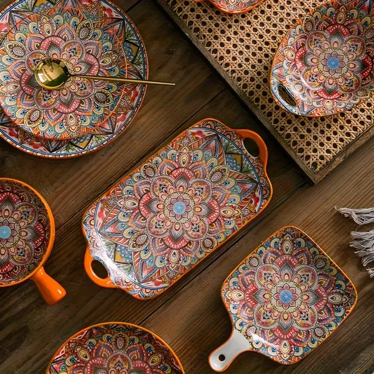 bohemian handcrafted ceramic dinnerware set large plates for steak pasta microwave oven safe dishwasher friendly perfect for family gatherings details 2