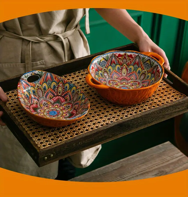 bohemian handcrafted ceramic dinnerware set large plates for steak pasta microwave oven safe dishwasher friendly perfect for family gatherings details 4