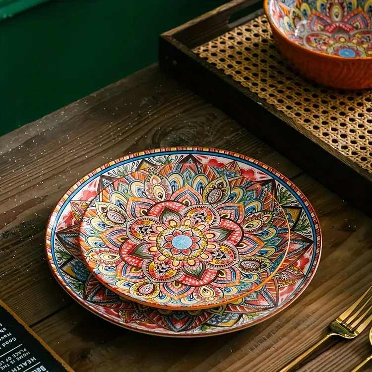 bohemian handcrafted ceramic dinnerware set large plates for steak pasta microwave oven safe dishwasher friendly perfect for family gatherings details 6