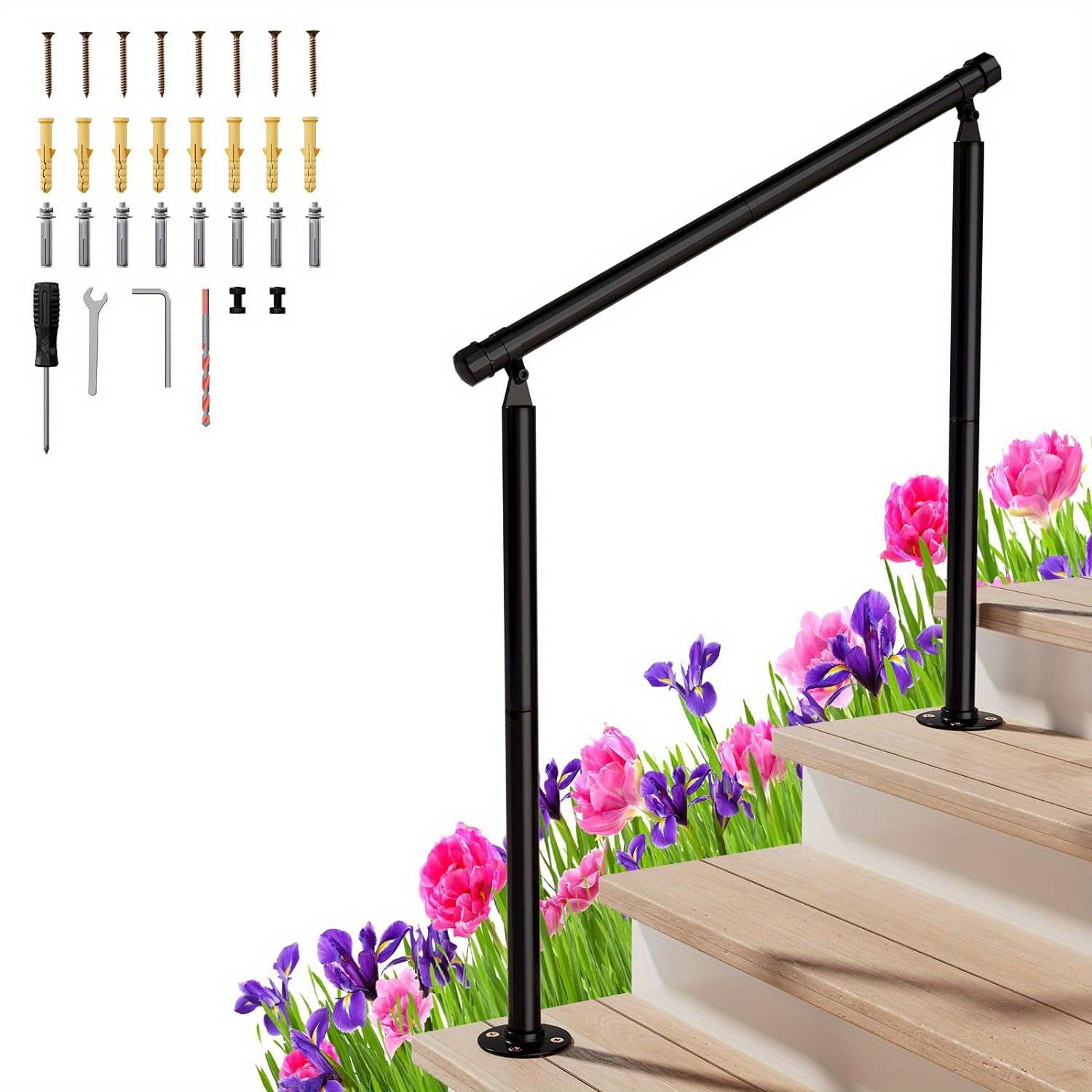 TEMU Metal Handrails Designed For Outdoor Stairs, Suitable For 2 To 3 Steps, Featuring A Black Wrought Iron End. This Deck Handrail Comes With An