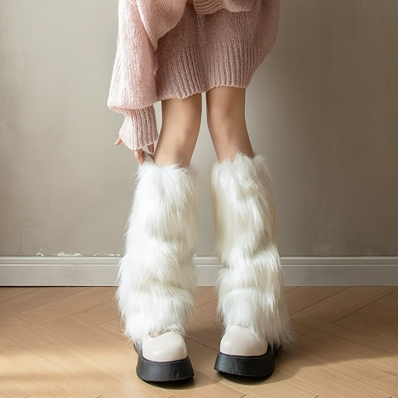 

Style Fluffy Knee-high Socks: Women's Furry Leg Warmers For Autumn And Winter - Hand Washable, Polyester Material