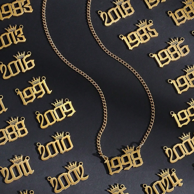 

Elegant Stainless Steel Crown & Year Number Pendant Necklace, 1980-2024 - Chic Birthday Anniversary Celebration Accessory With Golden-tone , Vintage Necklace