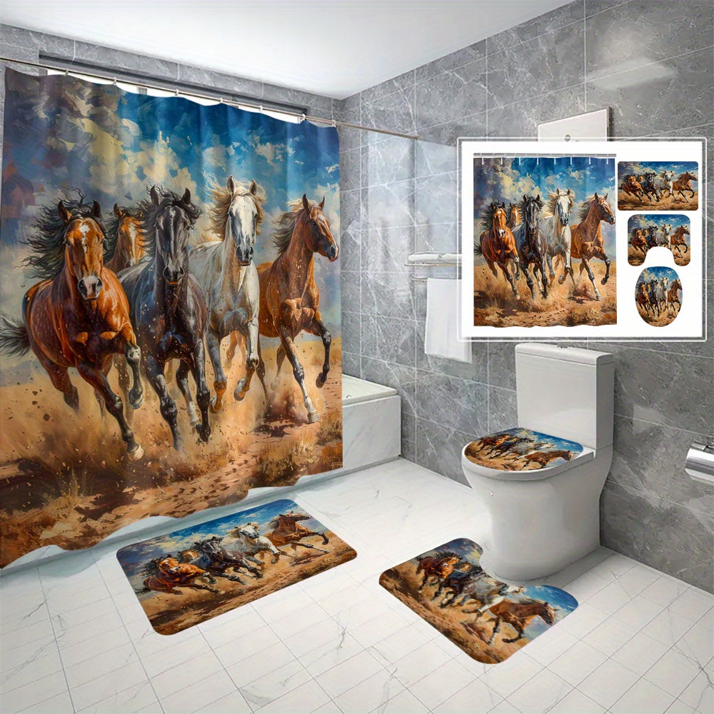 

1/3/4pcs Free Horses Bathroom Set, Machine Washable, Shower Curtain, Non-slip Bath Mat, U-shape Mat, Toilet Lid Cover, Bathroom Decor, Hooks Included