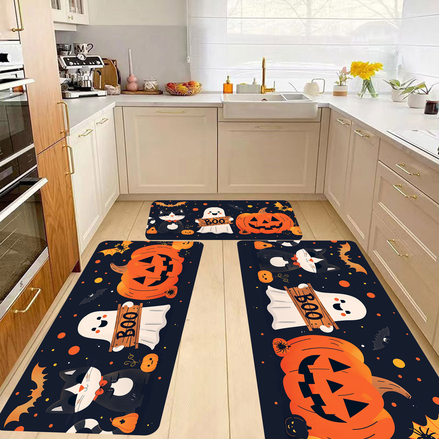 

Theme Kitchen Rugs, Polyester Non-slip Absorbent Floor Mats For Bedroom, Living Room, Laundry, And Bathroom - Machine Washable And Pumpkin Design