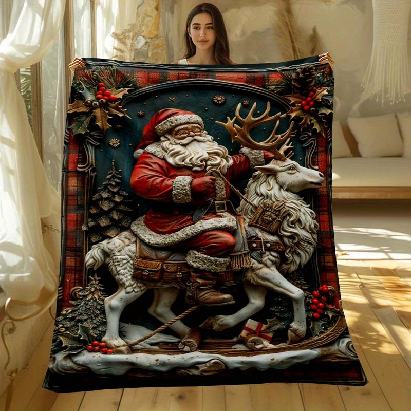 

Cozy Santa & Reindeer 3d Print Plush Blanket - Soft, Warm Throw For Couch, Bed, Office, And Travel - Gift,