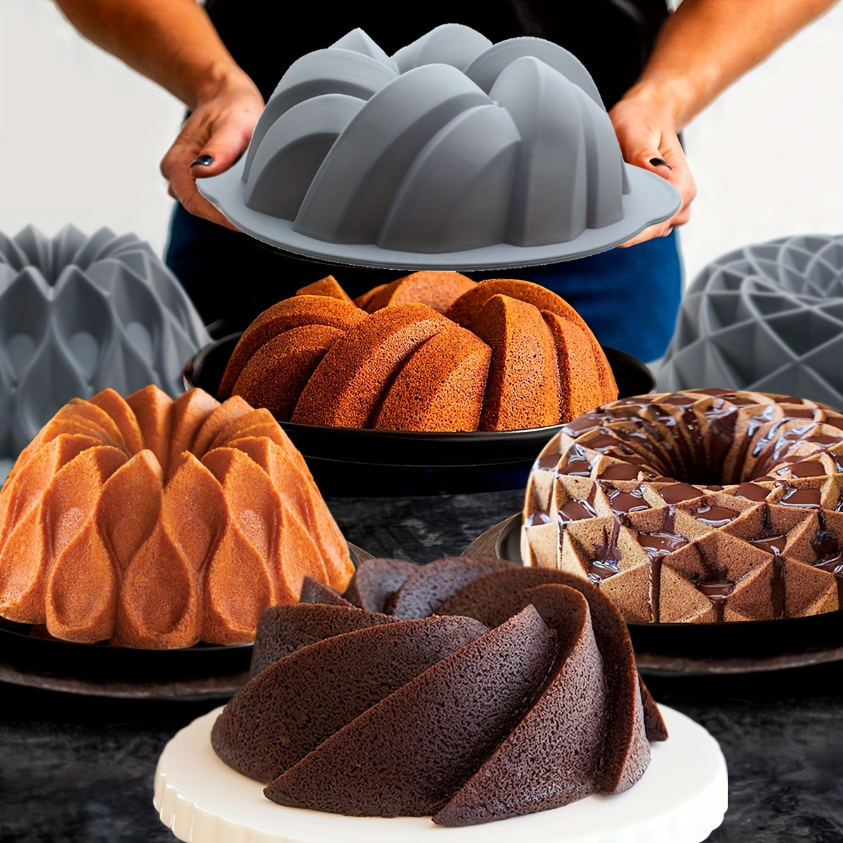 

Ensemble de moules à cake Bundt en silicone - 1 moule antiadhésif allant au four pour Noël - Motifs ronds cannelés, couronne, nid, spirale et tressés pour gâteaux, brownies, et pain de viande