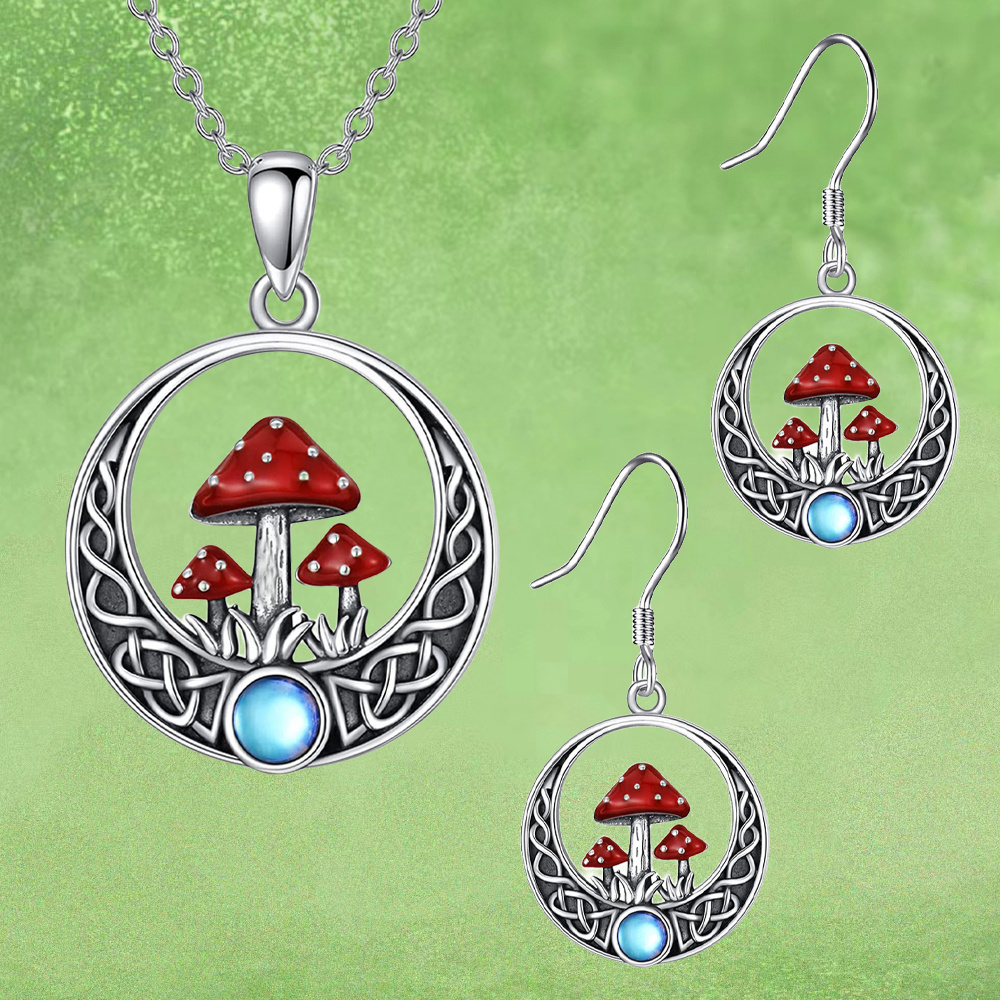 TEMU 3pcs Cute And Fashion 3 Red Mushroom Round Earrings Necklace Set, Ideal Gifts For