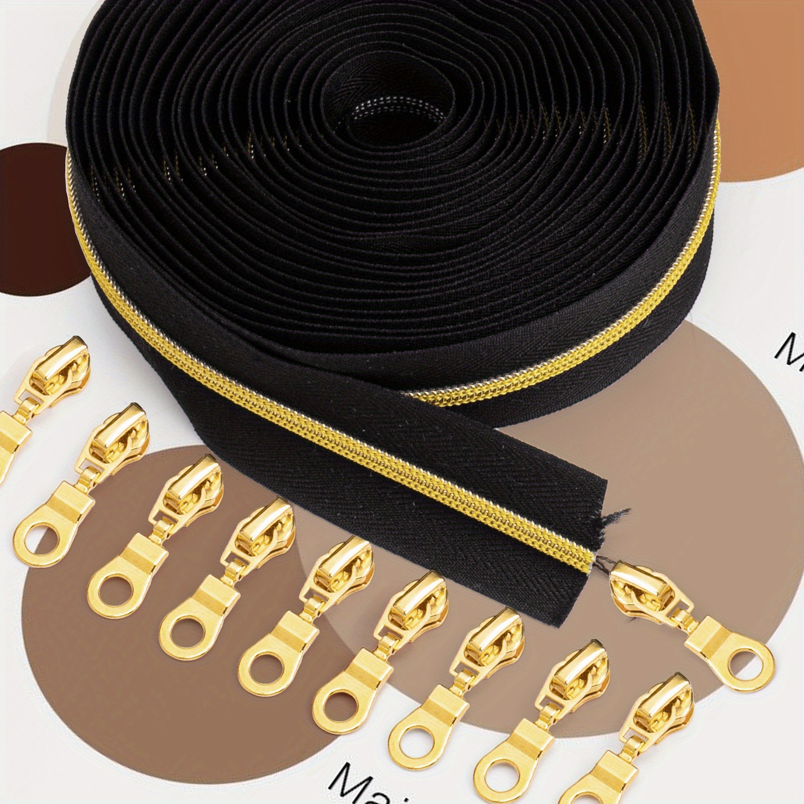 

Nylon Coil Zipper Roll By 4.5 Meters With 10 Golden Slider Pulls, #3 Size, Black With Golden Teeth, Suitable For Clothing And Bags