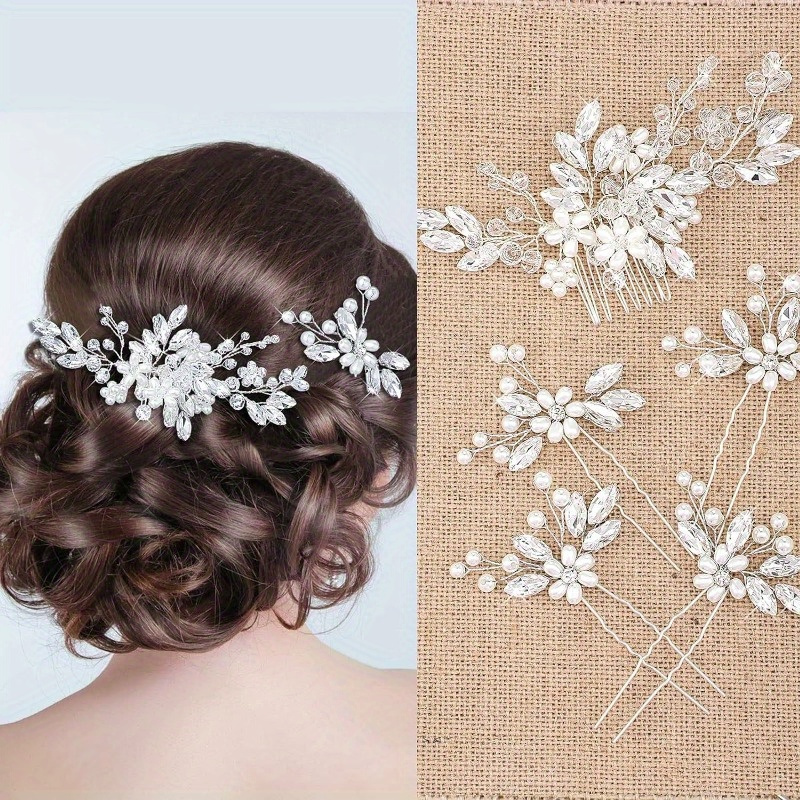 TEMU 5pcs Wedding Hair Accessories, Artificial Pearl Decorated Hair Side Comb U-shaped Hair Clip, Bridal Wedding Banquet Women's Hair Accessories