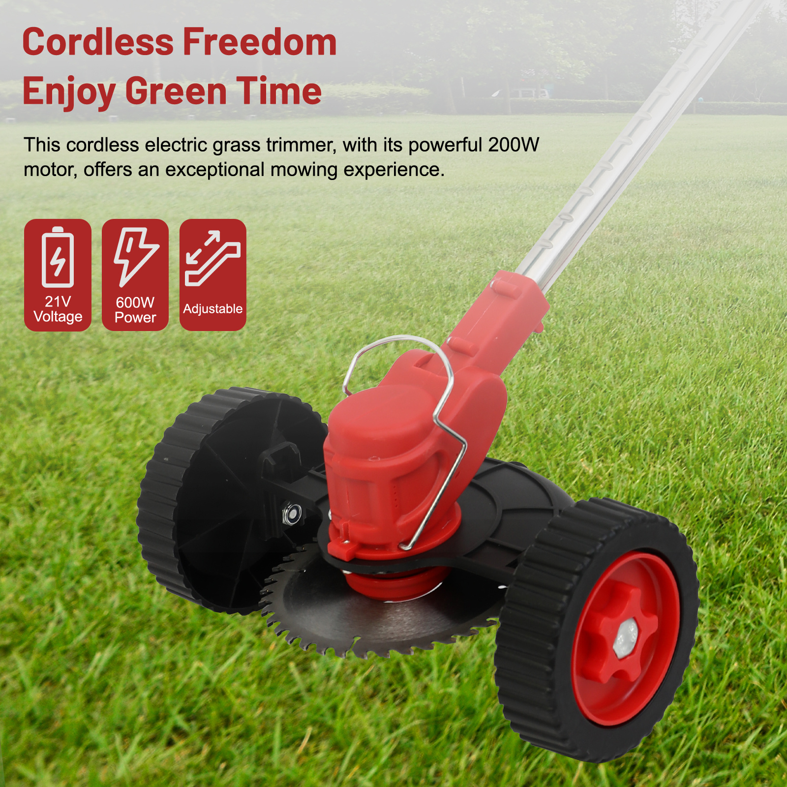 

21v Cordless Electric Grass Trimmer With Wheels - 3-in-1 Lawn Edger & Trimmer, Dual Safety Design, Adjustable Speed & Angle, Rechargeable Battery, Red, Garden And Lawn Maintenance, Lawn Trimmer