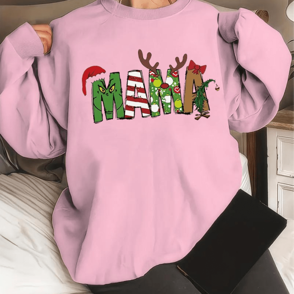 

Plus Size Mama Print Crew Neck Pullover Sweatshirt, Casual Long Sleeve Sweatshirt For Fall & Winter, Women's Plus Size Clothing