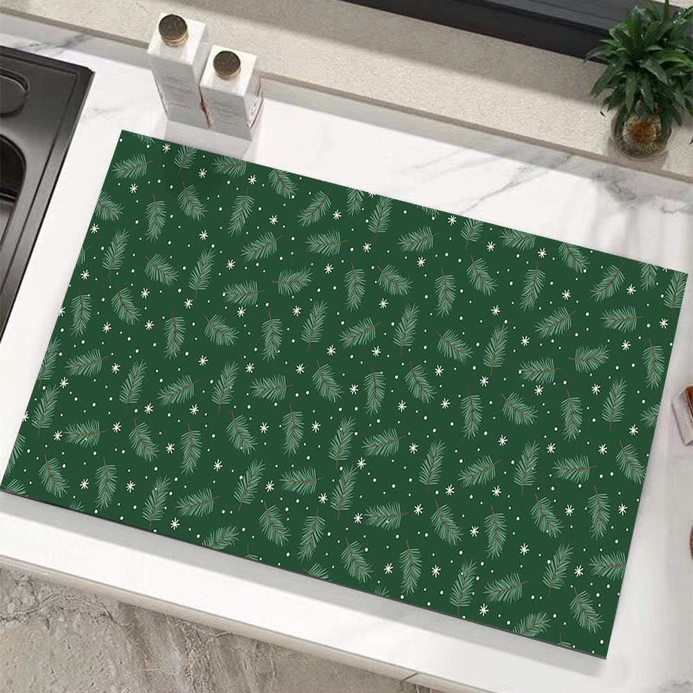 

Christmas Green Foliage Print Dish Drying Mat, 1pc, Polyester, Quick Dry, Anti-slip, Absorbent, Heat Resistant, Cut-to-fit, For Home Kitchen Counter