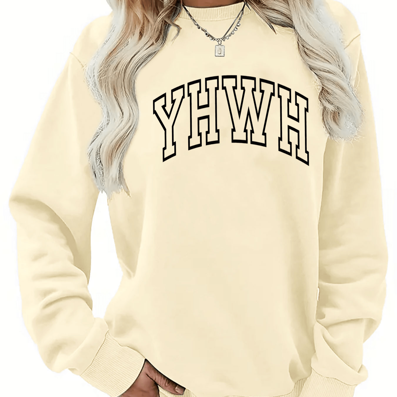 

Women's Yhwh Letter Print Sweatshirt Casual Crew Neck Long Sleeve Knit Polyester Pullover For Fall/winter