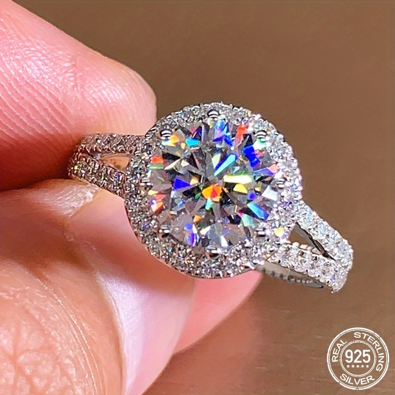 TEMU Elegant Luxury 2 Carat 925 Sterling Silver Moissanite Ring 5-layer Electroplating, Perfect Engagement/wedding Gift For Women, Size Options Total