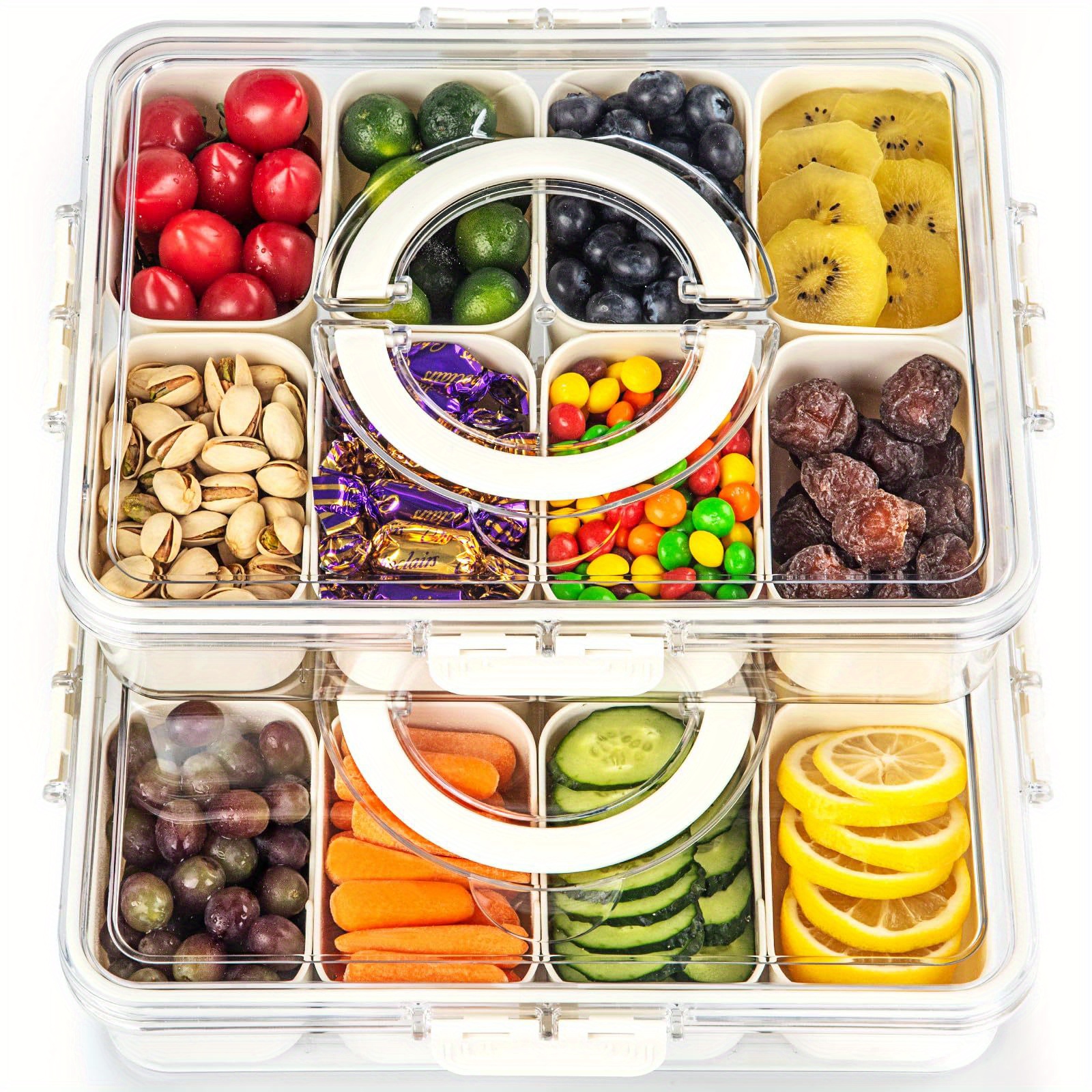 

Portable Box Container - Divided Serving Tray With Lid And Handle, Clear Snack Box Organizer For Fruits, Candy, Charcuterie, Snacks - Ideal For Party, Travel & Beach