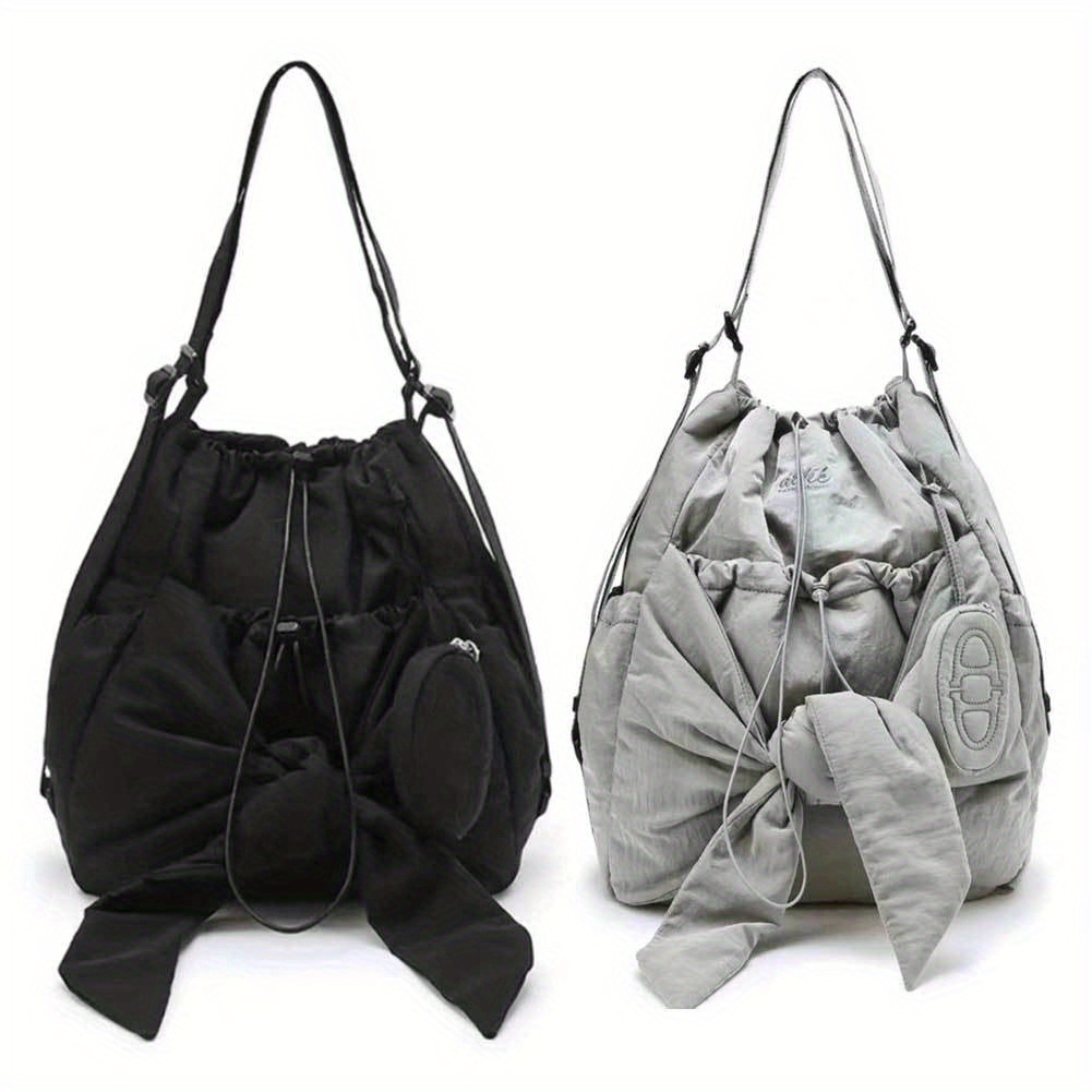 

Women' Drawstring Backpack, Solid Color Bow, Casual Shoulder Bag, Travel Backpack, Polyester Lining, Black, Zip Closure, Hand Wash Or