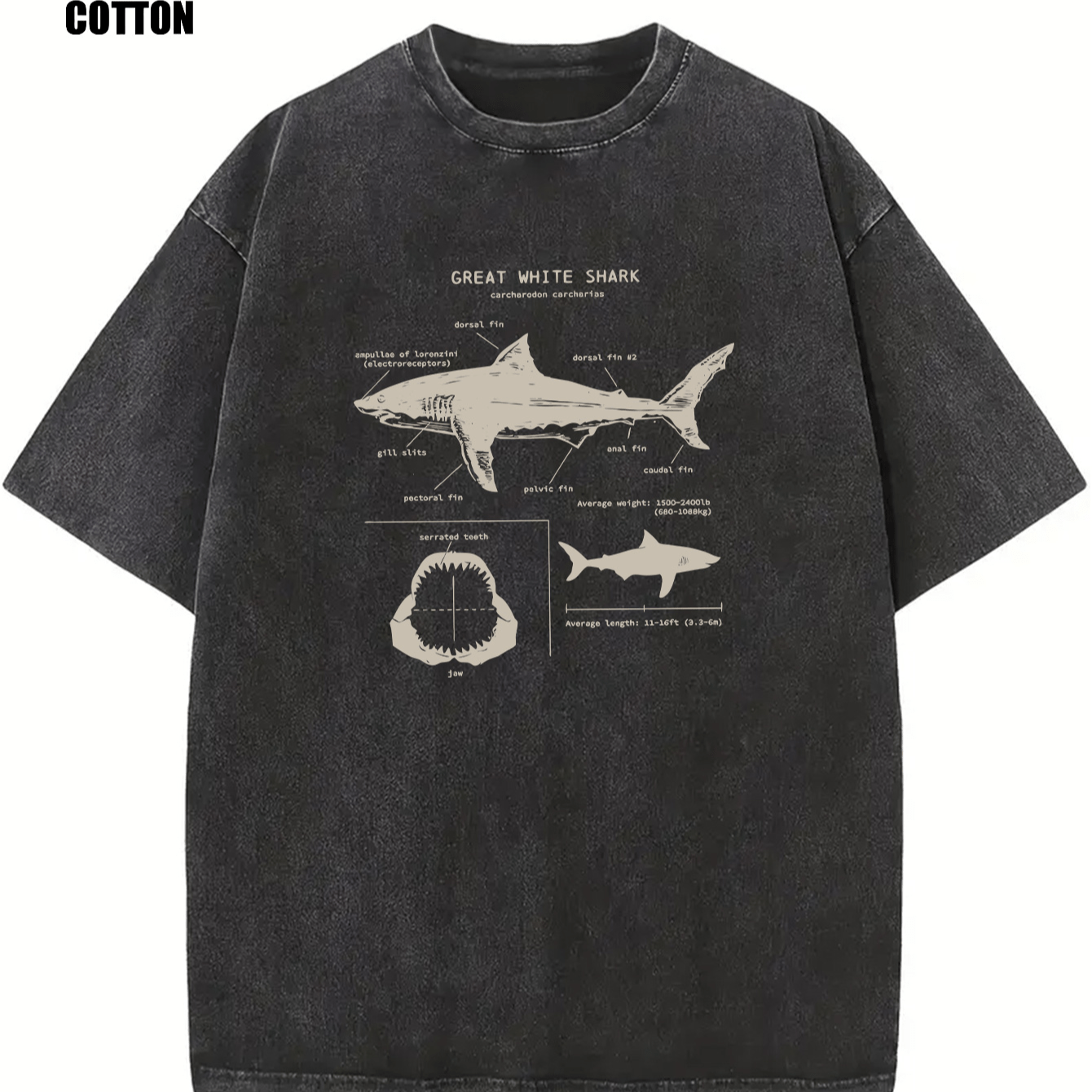 

Shark Print Vintage Acid Washed Cotton T-shirt For Men, Suitable For Summer