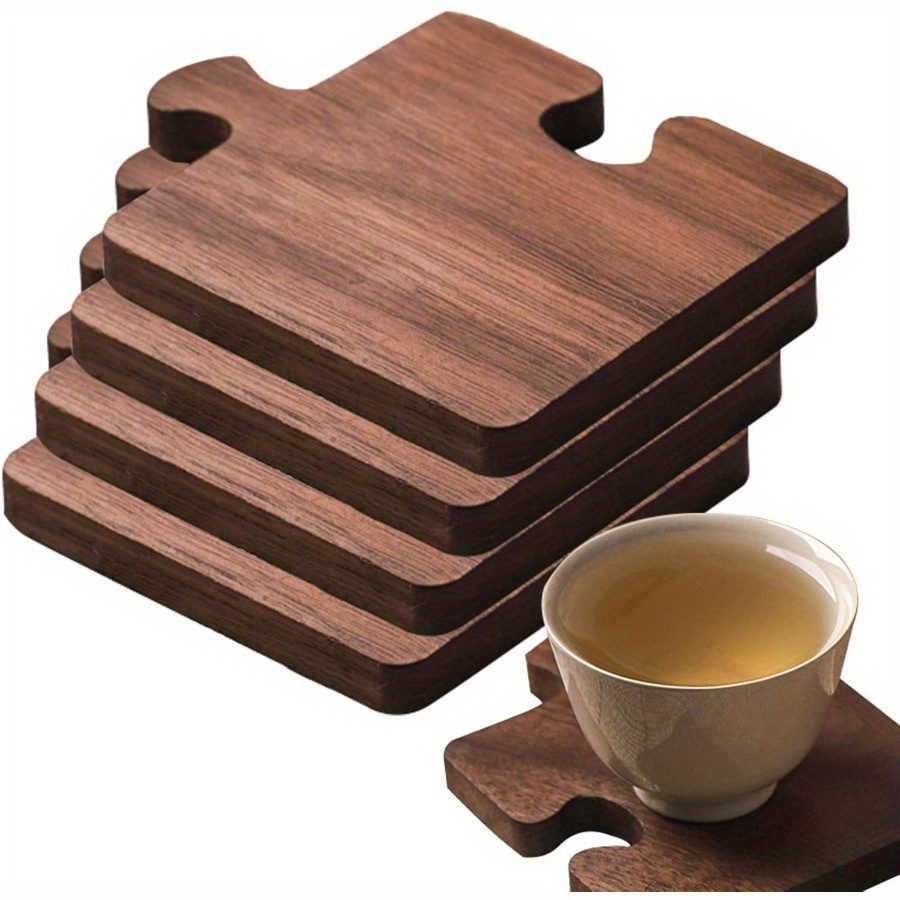 

Puzzle Piece Wooden Coasters For Drinks - Set Of 4, Heat-resistant Wood Cup Mats For Coffee & Tea, Decorative Tabletop Protection For Home & Office