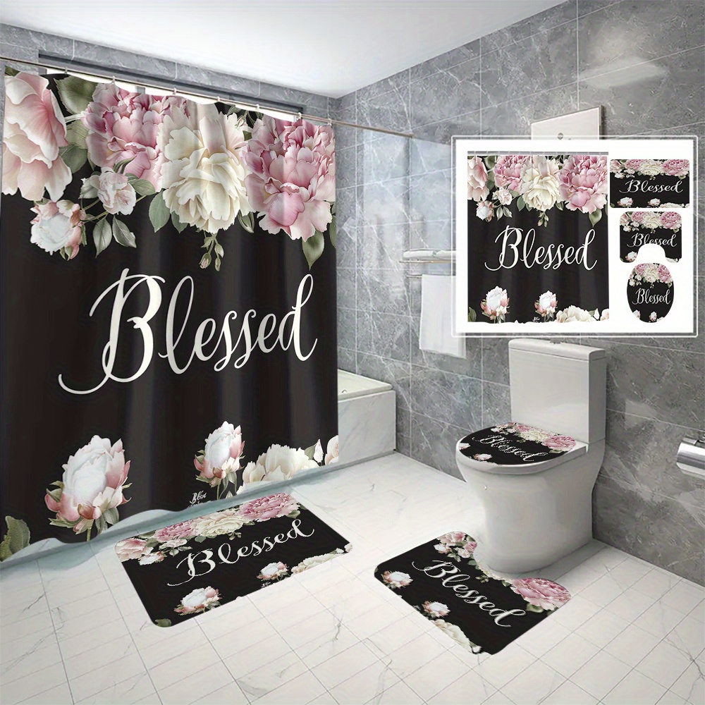 

1/3/4pcs Blessed Flowers Pattern Bathroom Set, Machine Washable, Shower Curtain, Non-slip Bath Mat, U-shape Mat, Toilet Lid Cover, Bathroom Decor, Hooks Included