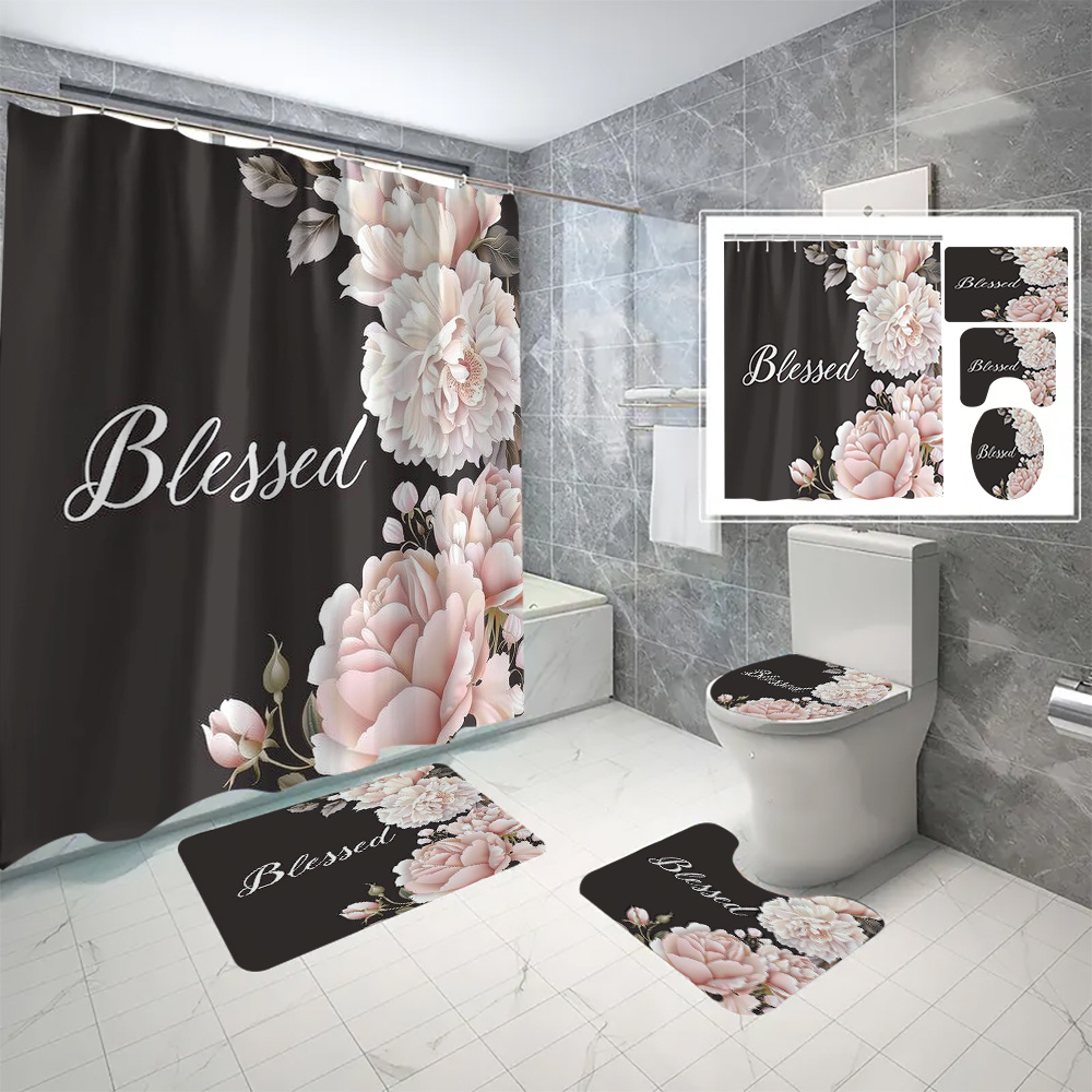 

1/3/4pcs Blessed Flowers Design Bathroom Set, Machine Washable, Shower Curtain, Non-slip Bath Mat, U-shape Mat, Toilet Lid Cover, Bathroom Decor, Hooks Included