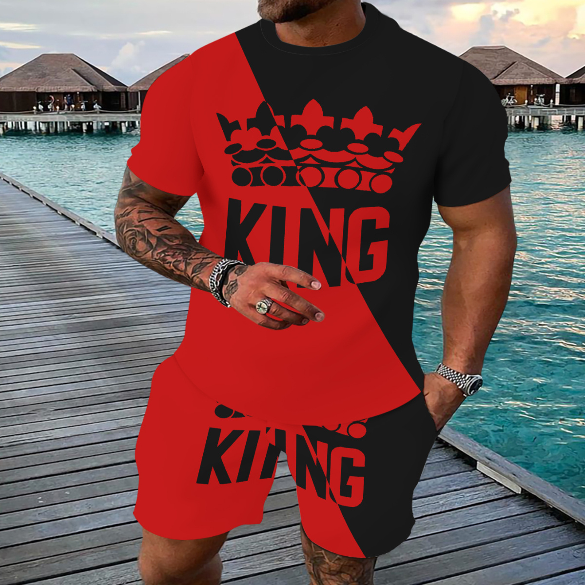 

Men's Outfit, King Casual Crew Neck Short Sleeve T-shirt & Shorts 2-piece Set For Summer Outdoor Activities