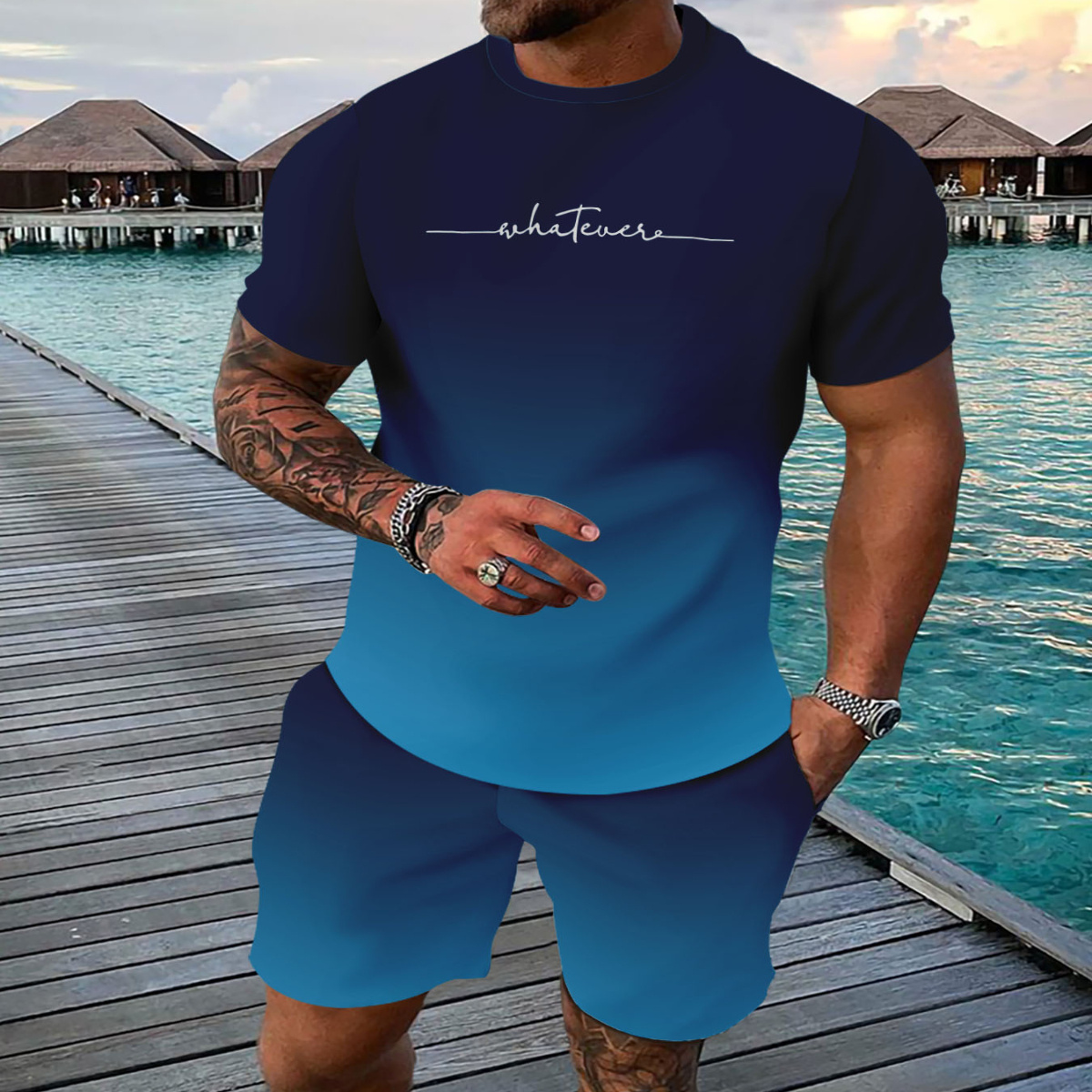 

Men's Summer Casual Sportswear Set, Breathable 3d Printed Crew Neck T-shirt And Shorts, 100% Polyester, Slight Stretch, Regular Fit, Outdoor Leisure Ensemble