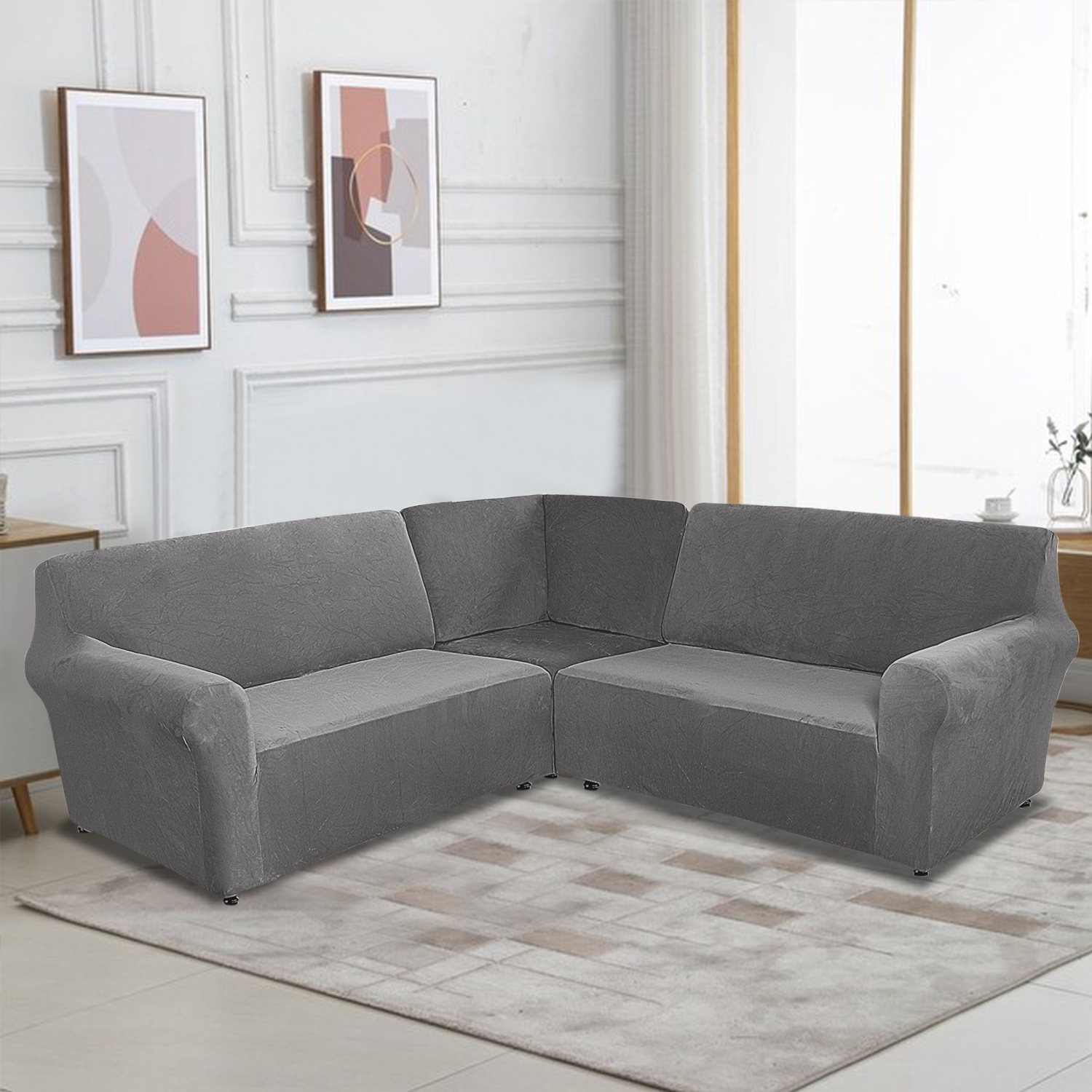 TEMU Housses de canapé d'angle en velours renard argenté de luxe pour 5 places (lot de 3 pièces) - Disponibles en élégant, noir, marron et fauve -