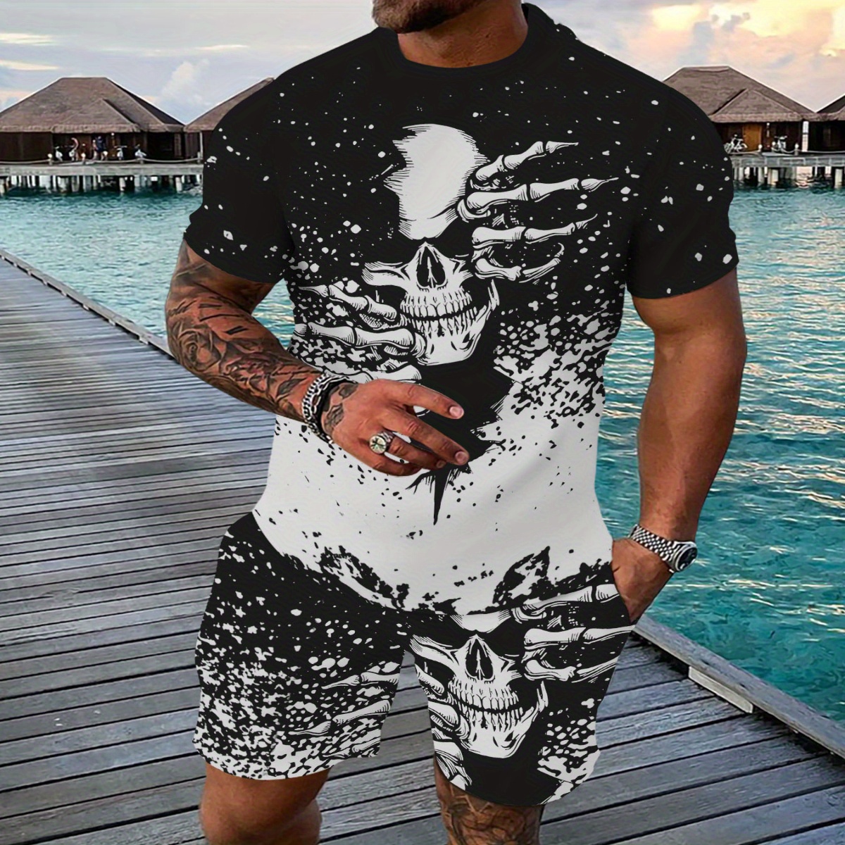 

Men's Outfit, Skull Casual Crew Neck Short Sleeve T-shirt & Shorts 2-piece Set For Summer Outdoor Activities