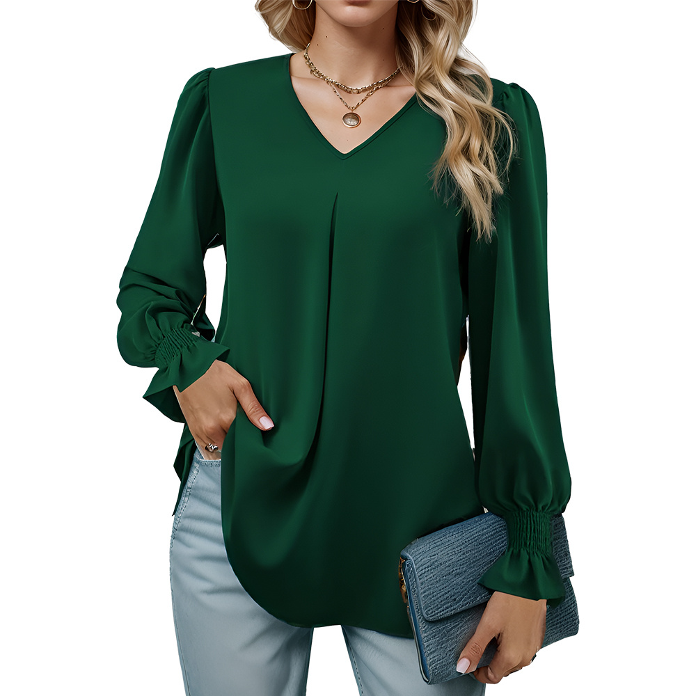 

Tooluck Women's 2024 Long Sleeve Tops Fashionable Casual V Neck Tunic Shirt Loose Chiffon Work Shirt