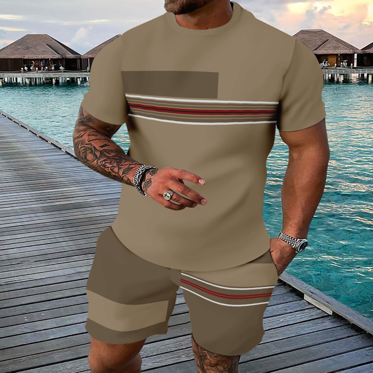 

Men's Outfit, Striped Casual Crew Neck Short Sleeve T-shirt & Shorts 2-piece Set For Summer Outdoor Activities