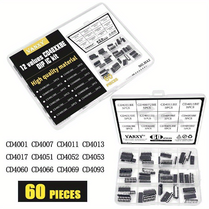 60-piece Ic Chip Assortment Kit, 12 Values Cd4000 Series Dip Integrated Circuits, Non-rechargeable, Including Cd4001be To Cd4093be Models, High-quality Electronic Components For Circuit Building