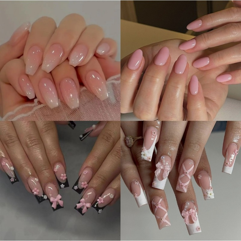 TEMU (96pcs) Medium Press On Nails Set &ndash; Pink/black French Tip Fake Nails Press Ons, Coffin/almond Shaped False Nails, Acrylic Press On Nail Kit, With Cute 3d Coquette Design