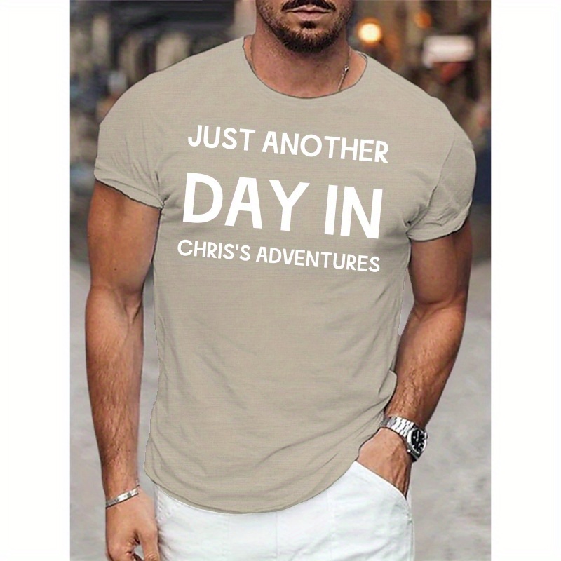 

Chris's Adventures Print Tee Shirt, Men's Casual Round Neck Short Sleeve T-shirt, Versatile Outdoor Comfy Top For Summer