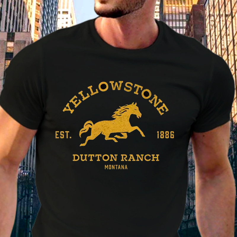 

Yellowstone Print Men's Cotton Top, Casual Short Sleeve Crew Neck T-shirt, Men's Western Cowboy Print Clothing For Outdoor